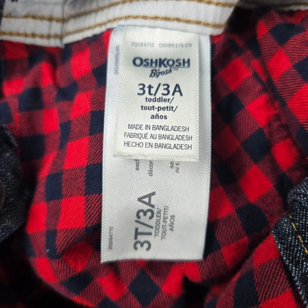 OshKosh B'gosh Toddler 3T Red Buffalo Plaid Flannel Lined Denim Overalls Dark